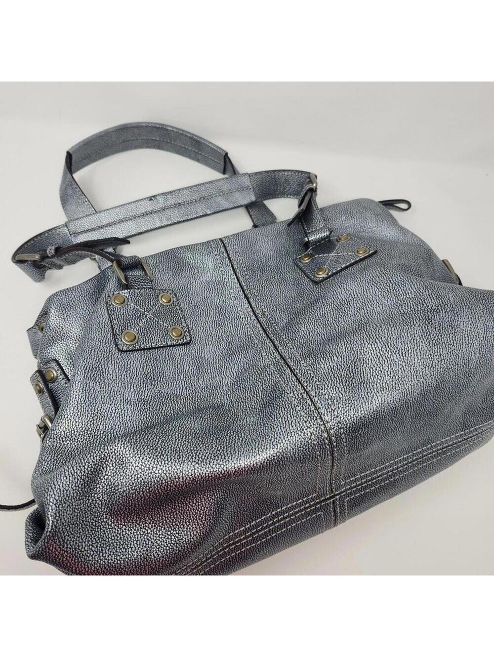 Hype Silver Metallic Double Handle Satchel Genuine Leather Bright Stripes Inside